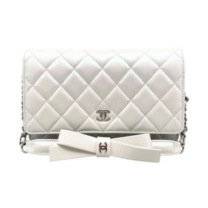 Chanel Shoulder Bag Ribbon Chain Wallet Matelasse Lambskin Coco Mark Pearly