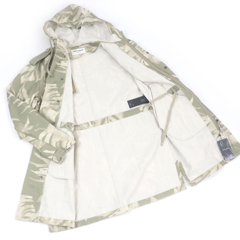 Saint Laurent Paris 2020 645595 Linen Blend Leaf Print Hooded Mod Coat