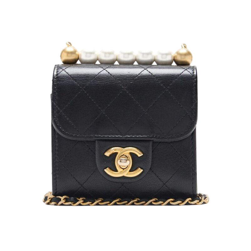 Chanel Mini Matelasse Pearl Chain Shoulder Lambskin Black With Gold Hardware