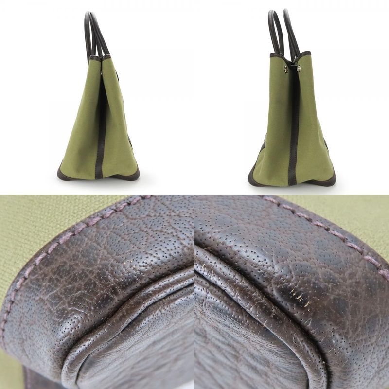 Hermes Tote Bag Garden Party PM Canvas Leather Khaki Brown Silver Hardware □F