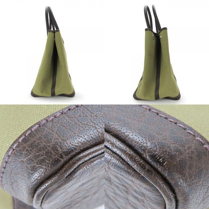Hermes Tote Bag Garden Party PM Canvas Leather Khaki Brown Silver Hardware □F