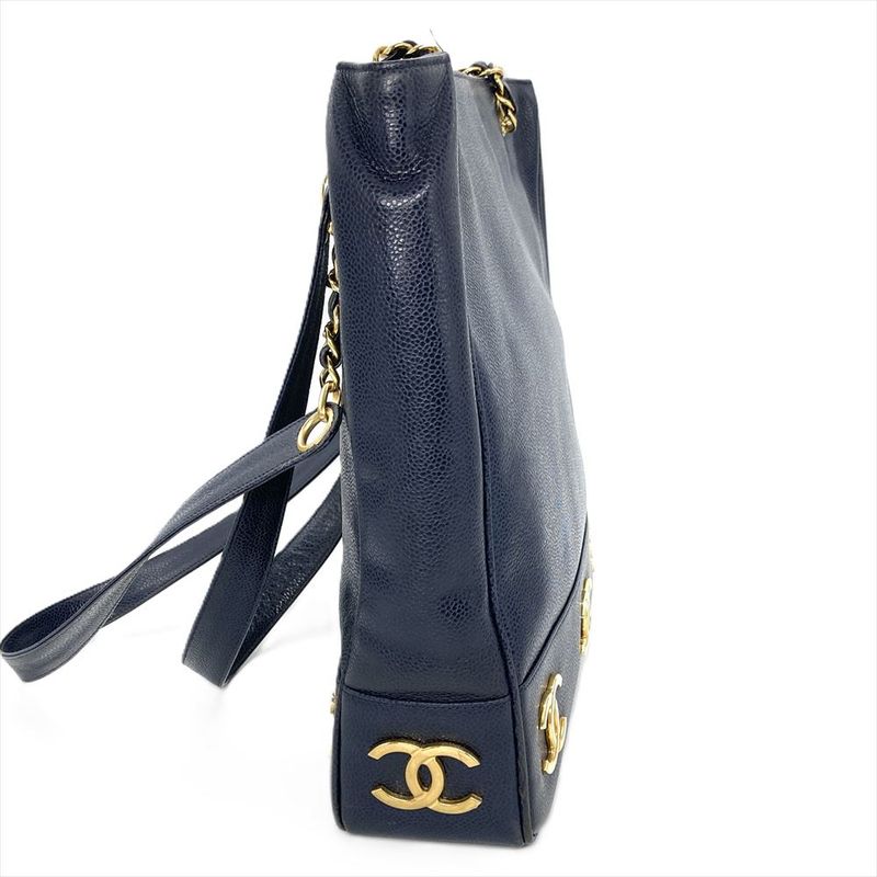 Chanel Triple Coco Mark Tote Bag Caviar Skin Navy Chain Shoulder Women