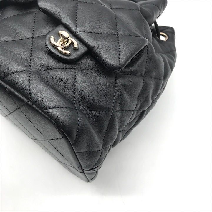 Chanel Quilted Lambskin CC Logo Drawstring Chain Backpack Pack Black