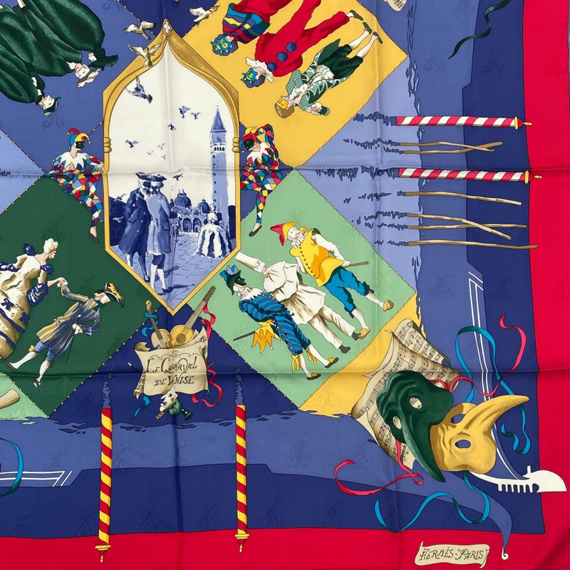 Hermes Carre 90 Carnaval DE Venise Carnival Of Venice Scarf 100% Silk Blue Red