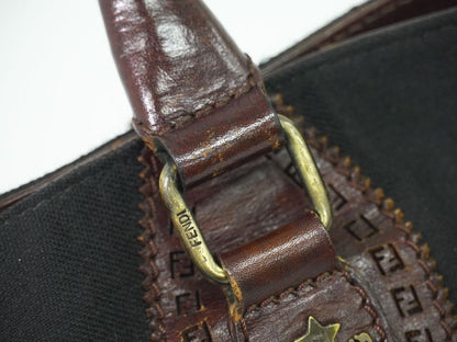 Authentic Fendi Etonico Tote Handbag Canvas Leather Black Brown 8bn162 Etonico