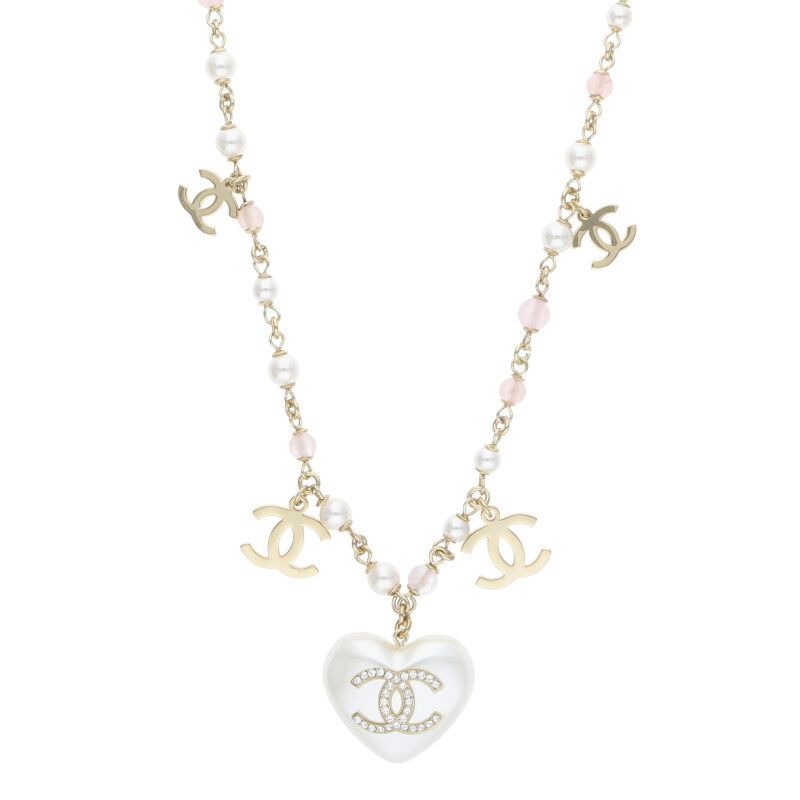 Chanel A21 B Faux Pearl Coco Mark Heart Necklace Women