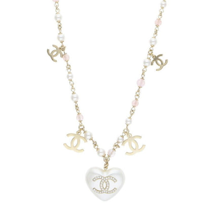 Chanel A21 B Faux Pearl Coco Mark Heart Necklace Women