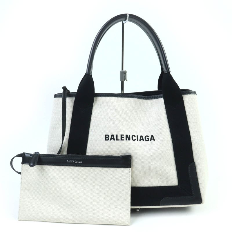 Balenciaga 339933 Small Cabas Su Cotton Canvas And Black Calfskin Handbag With