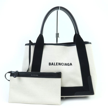 Balenciaga 339933 Small Cabas Su Cotton Canvas And Black Calfskin Handbag With