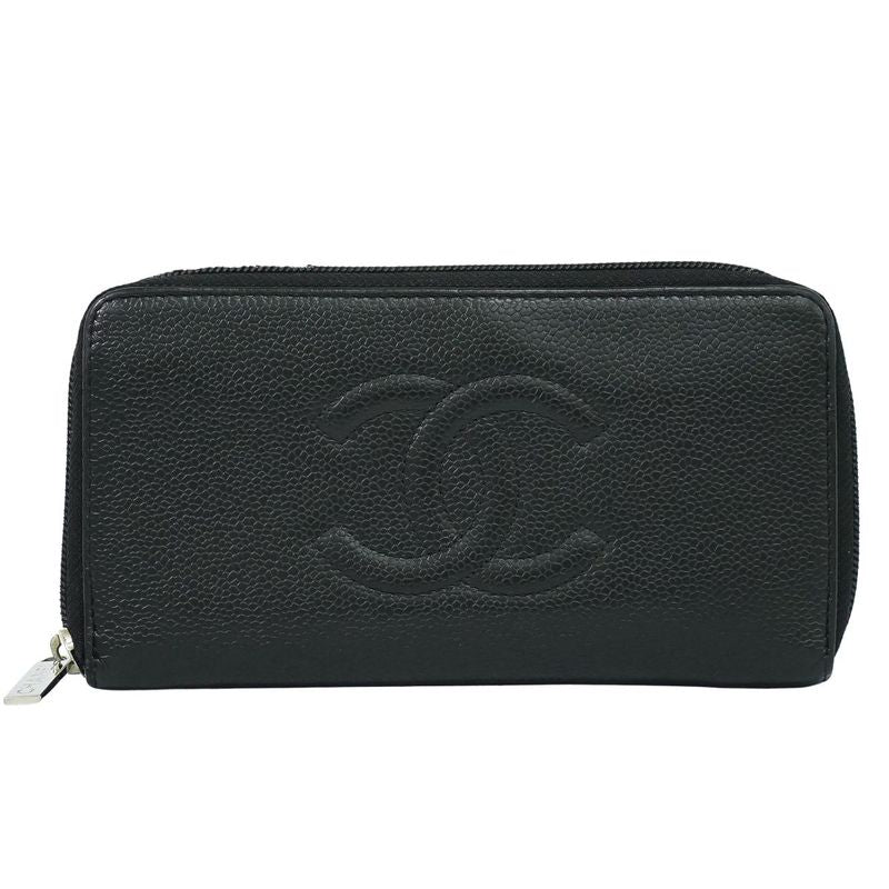 Authentic Chanel Coco Mark Round Zipper Long Wallet Long Wallet Caviar Skin