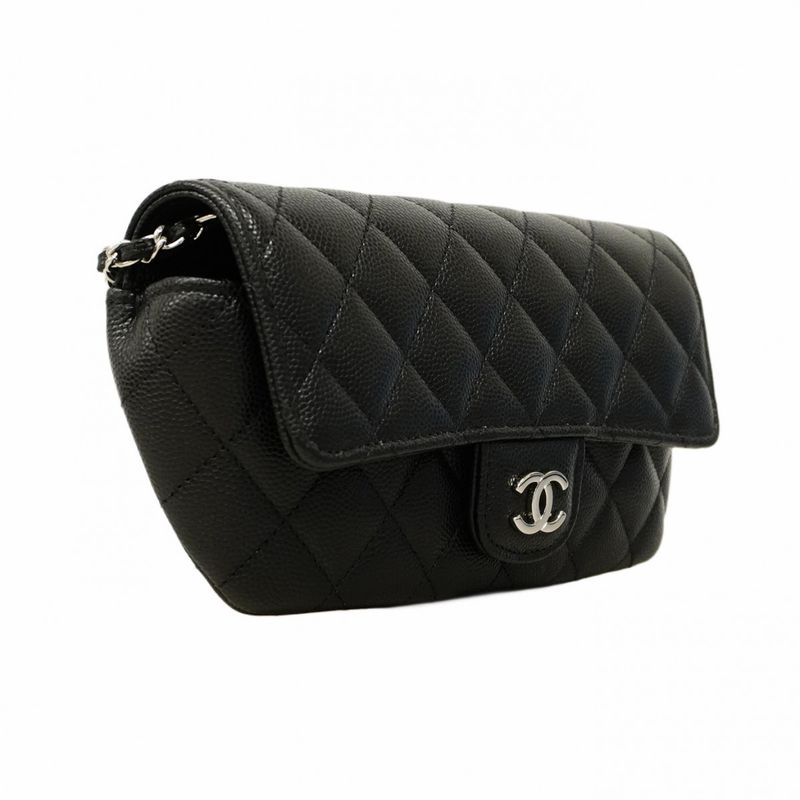 Chanel Shoulder Bag Matelasse Caviar Skin Black Silver Hardware Women