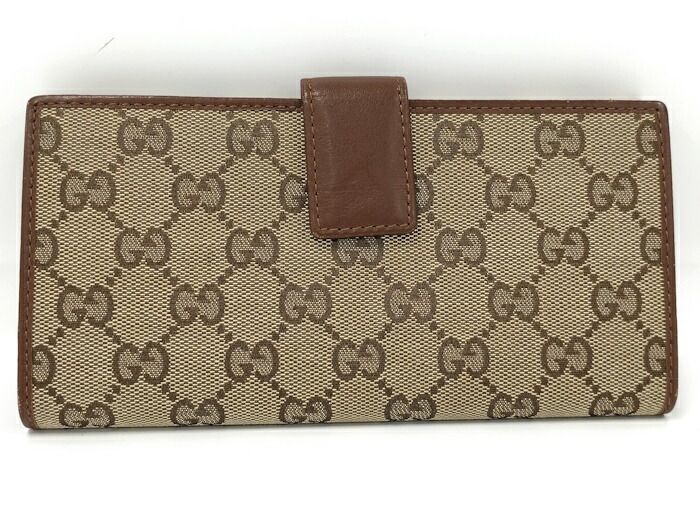 Gucci Trifold Wallet Leather Canvas Beige Brown 181593