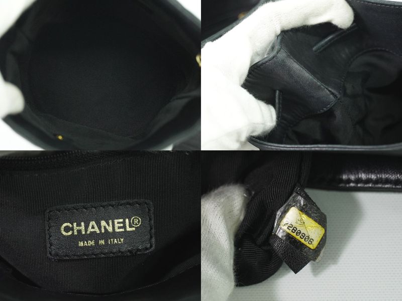 Authentic Chanel Coco Mark Chocolate Bar Shoulder Bag Lambskin Leather Black