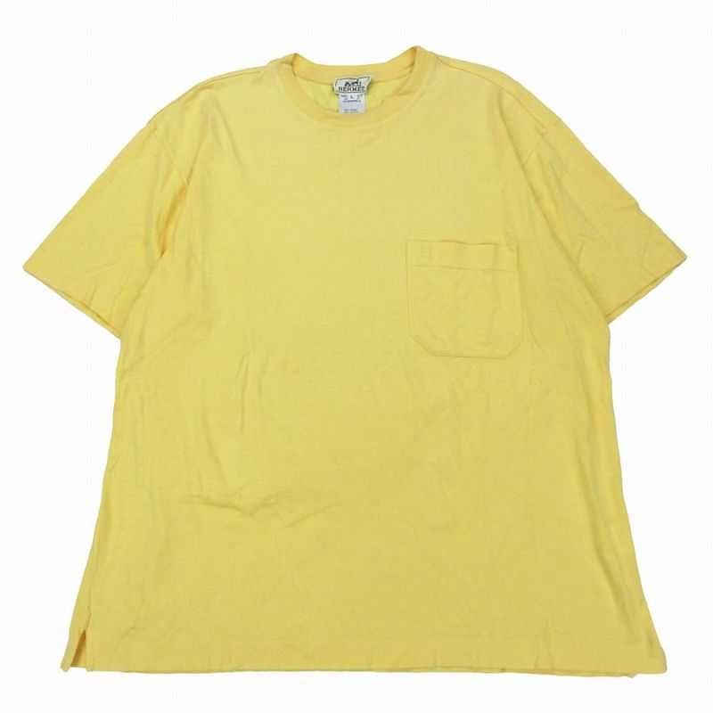 Hermes H Logo Embroidery Pocket T-Shirt Top Short Sleeves Yellow Size L Men's