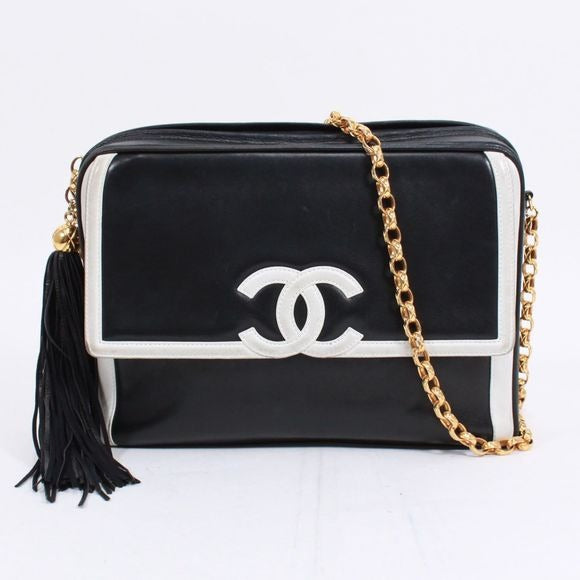 Chanel Coco Mark Chain Lambskin Black White Flap Shoulder Bag Gold