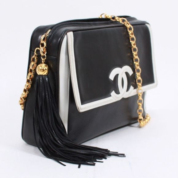 Chanel Coco Mark Chain Lambskin Black White Flap Shoulder Bag Gold