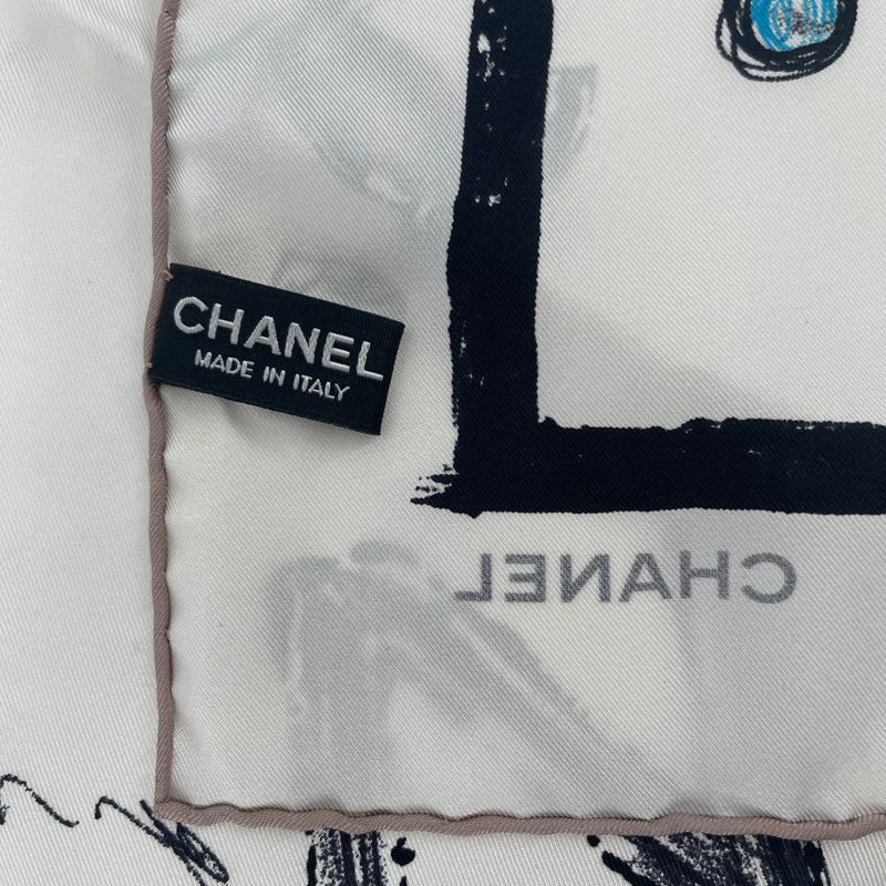 Chanel Icon Motif Scarf Coco Mark Silk White With Box