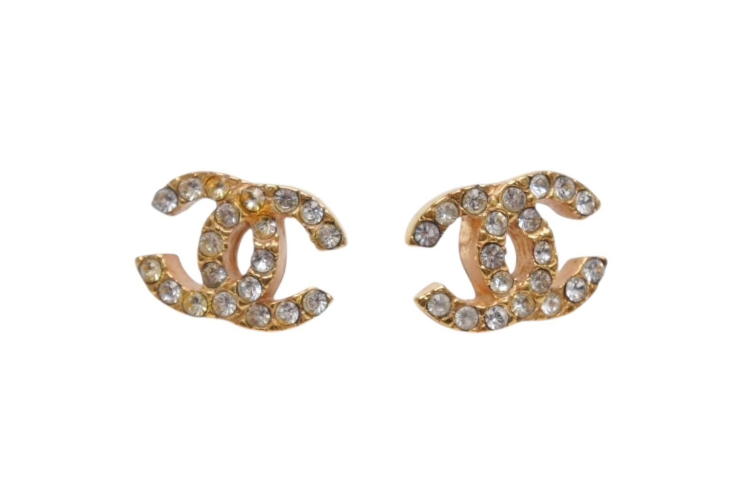 Chanel CC Logo Earrings 01 Rhinestone Metal Gold Clear