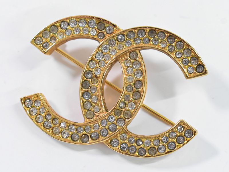 Authentic Chanel Coco Mark Rhinestone Brooch GP Gold Plated Coco Mark Accessorie