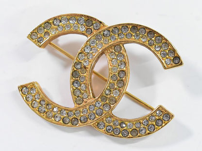 Authentic Chanel Coco Mark Rhinestone Brooch GP Gold Plated Coco Mark Accessorie