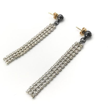 Chanel CC Logo Fringe Line Stone Earrings Black Silver