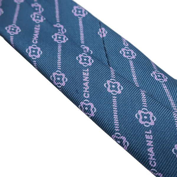 Chanel Necktie Coco Mark Camellia 9.5cm (3.74in) Silk Blue and Pink Flowers