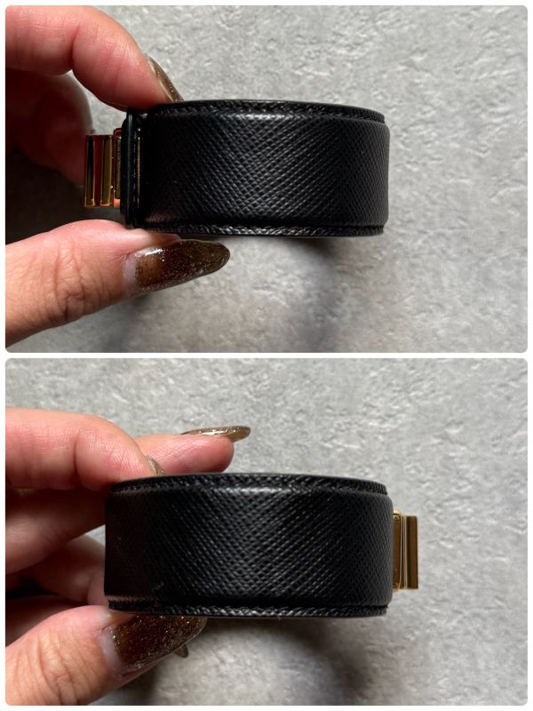 Prada Saffiano Leather Logo Belt Bracelet Turnlock Black Gold Women's Size S