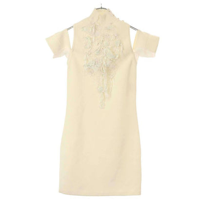 Chanel Coco Mark Button Lace Bijoux High Neck Knit Dress P43862k04509 White 36