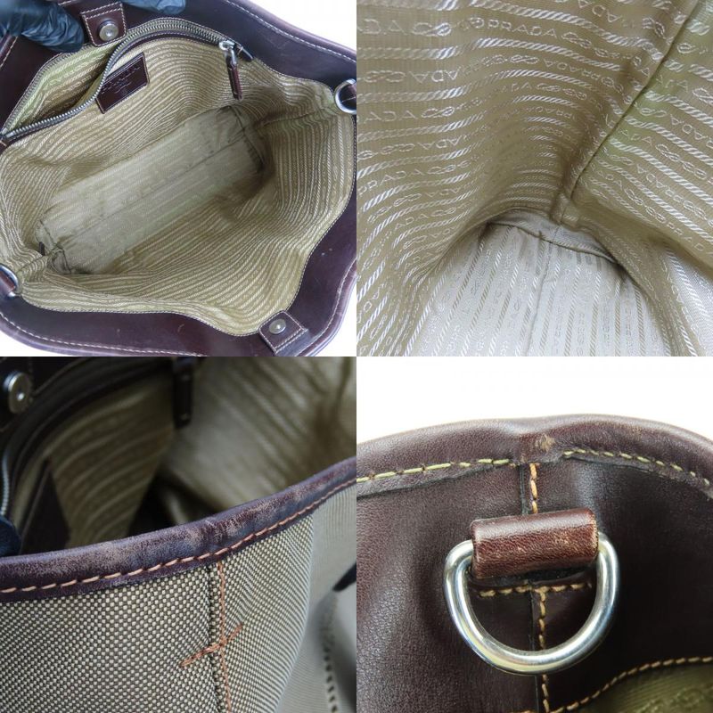 Prada Tote Canvas Leather Beige Brown Silver Hardware Logo Shoulder Casual