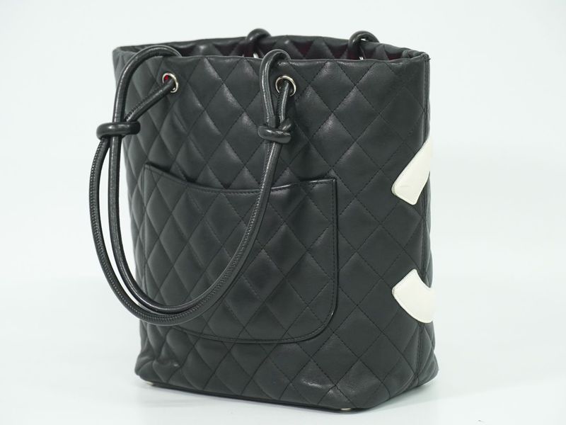 Authentic Chanel Coco Mark Cambon Line Tote Handbag Leather Black White Cambon