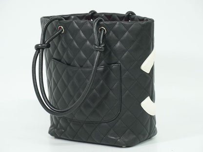 Authentic Chanel Coco Mark Cambon Line Tote Handbag Leather Black White Cambon