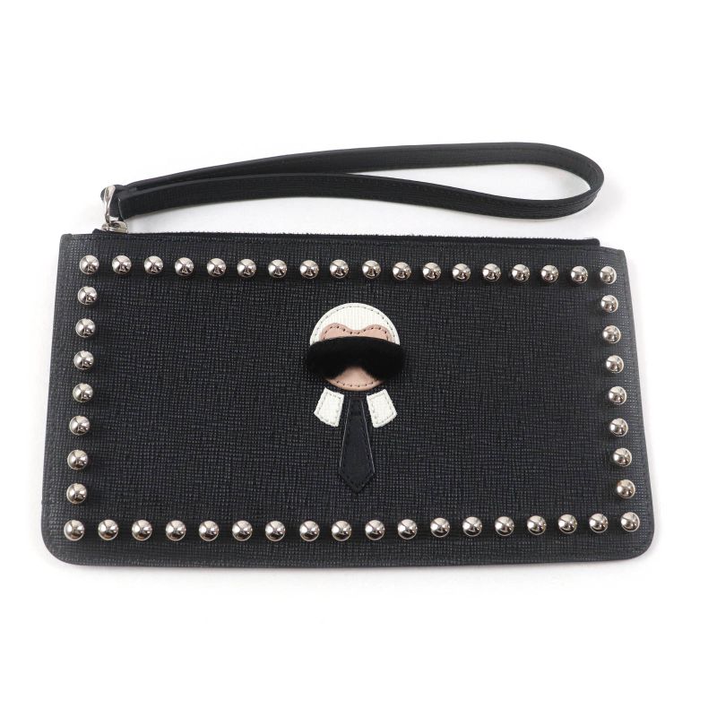 Fendi 8m0341 Carlito Karl Lagerfeld Motif Studded Leather Pouch Black Made In