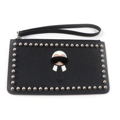 Fendi 8m0341 Carlito Karl Lagerfeld Motif Studded Leather Pouch Black Made In