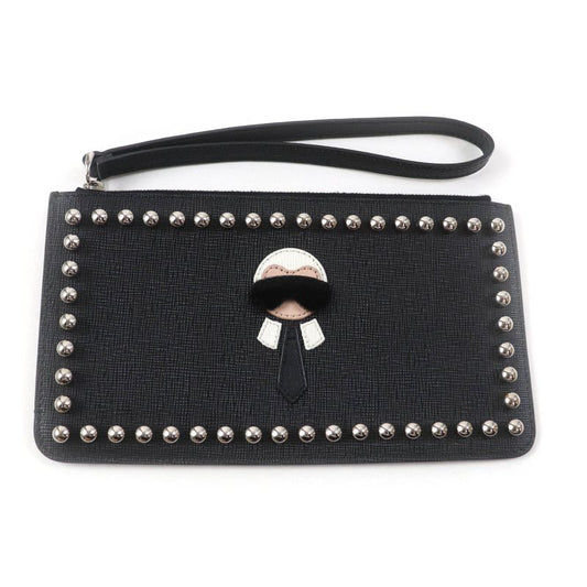 Fendi 8m0341 Carlito Karl Lagerfeld Motif Studded Leather Pouch Black Made In