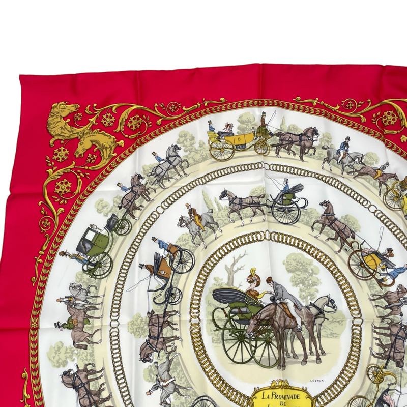 Hermes Scarf Silk Carre 90 LA Promenade DE Longchamps Walk To Ron Chien Red