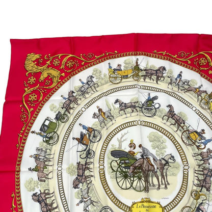 Hermes Scarf Silk Carre 90 LA Promenade DE Longchamps Walk To Ron Chien Red