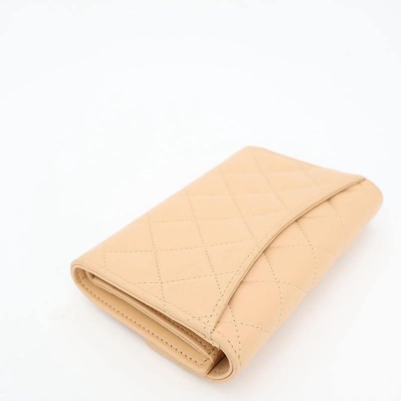 Chanel Matelasse Three-fold Long Wallet Coco Mark Lambskin Beige Silver Hardware