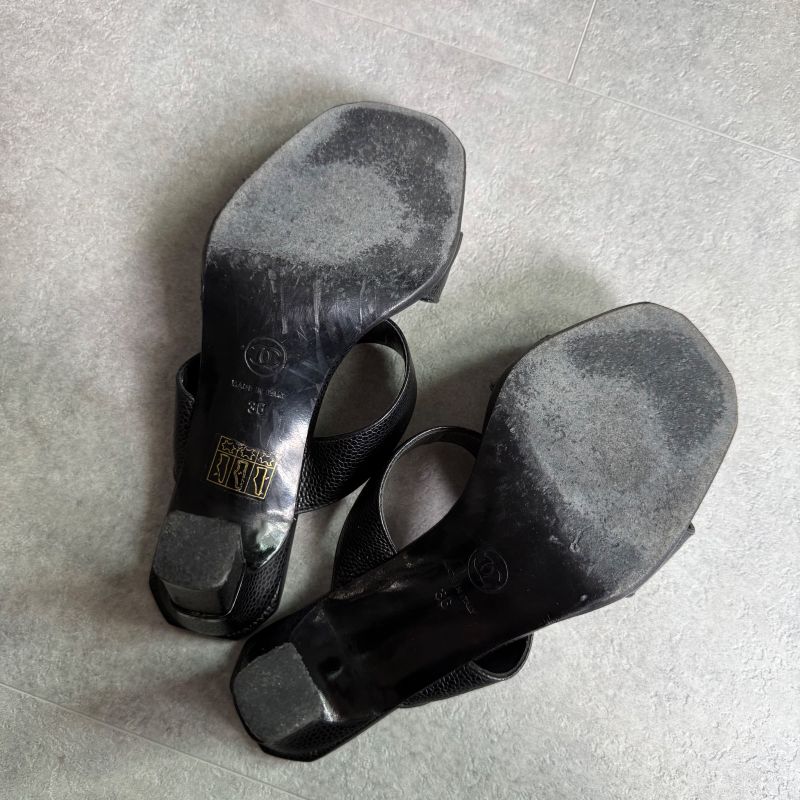 Chanel Coco Mark Caviar Skin Sandals Black Leather 36 23cm (9.06in) Mules