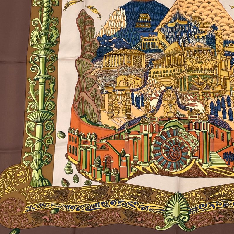 Hermes Carre 90 L Atlantide Atlantis Continental Silk Scarf Brown
