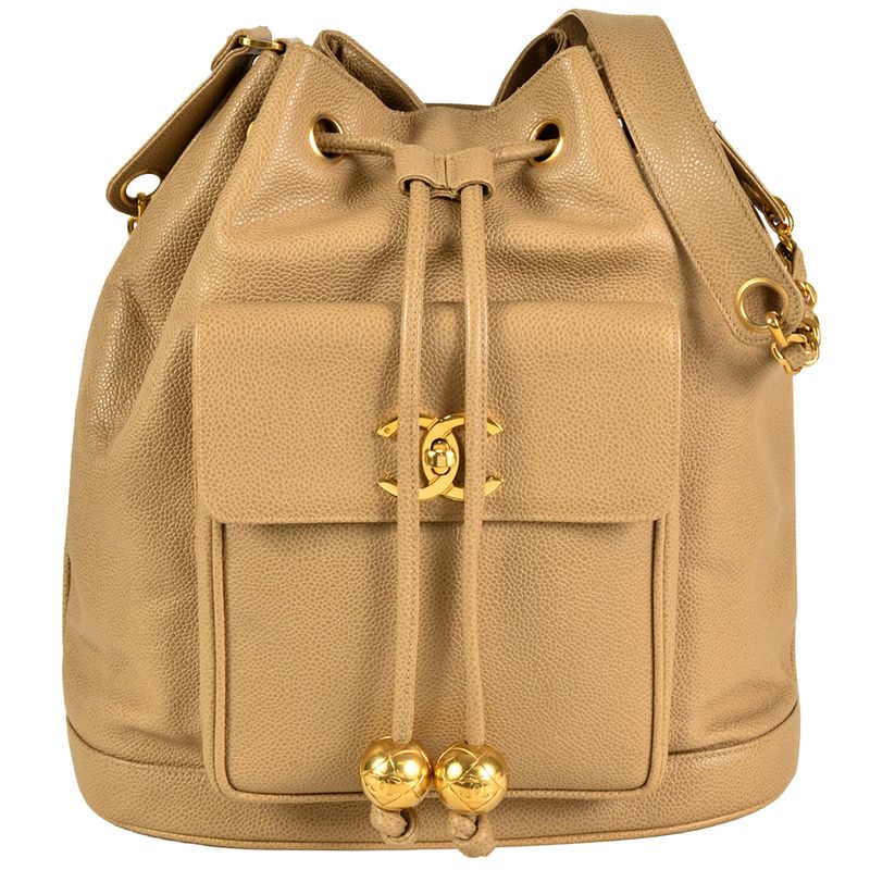 Chanel Shoulder Bag Caviar Skin Beige Gold Hardware 6 Digits 3 Units Coco Mark