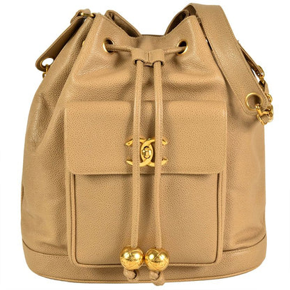 Chanel Shoulder Bag Caviar Skin Beige Gold Hardware 6 Digits 3 Units Coco Mark