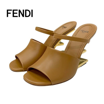 Fendi First Sandals Shoes Leather Brown Gold Unused Mule Metal Heel Strap