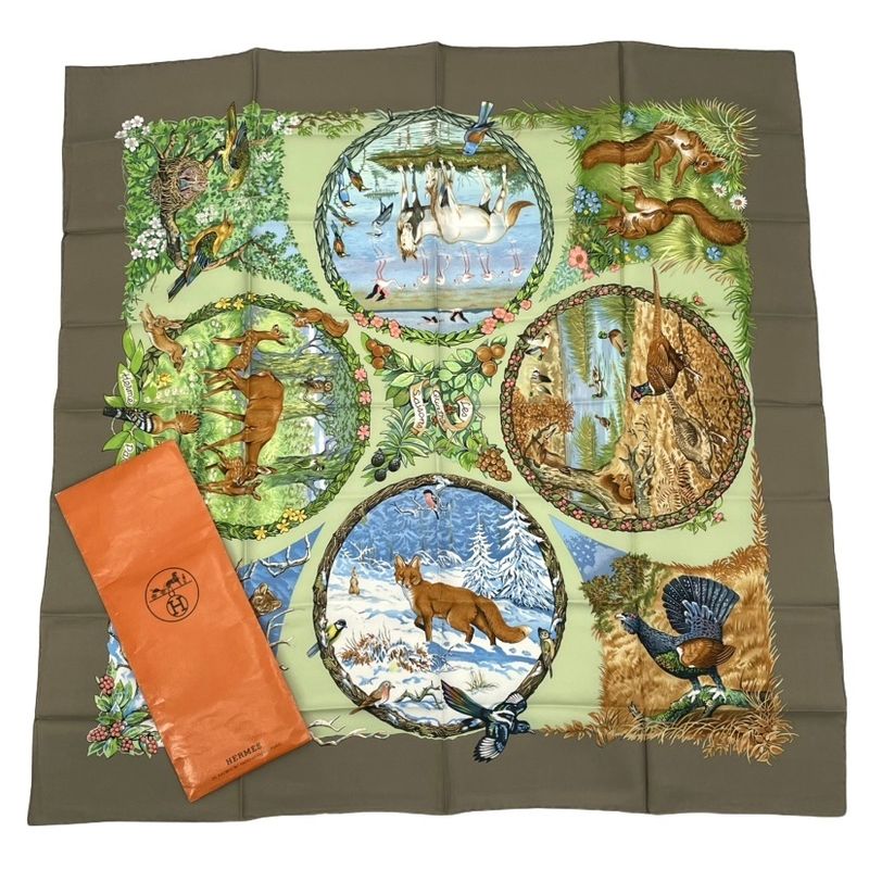 Hermes Carre 90 LES Quatre Saisons Four Seasons Brown Animal Flower Scarf Silk