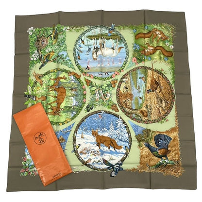 Hermes Carre 90 LES Quatre Saisons Four Seasons Brown Animal Flower Scarf Silk