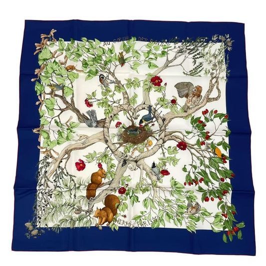 Hermes Carre 90 AU Coeur DES BOIS In The Woods Scarf Silk Navy With Box
