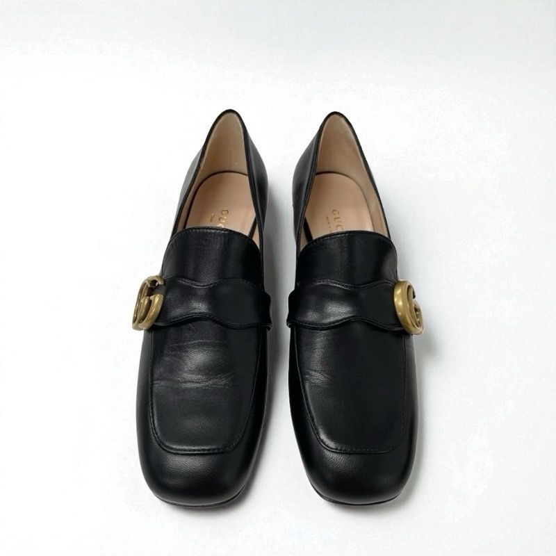 Gucci Double G Loafers Leather Shoes Leather Black Gold Ggmarmont