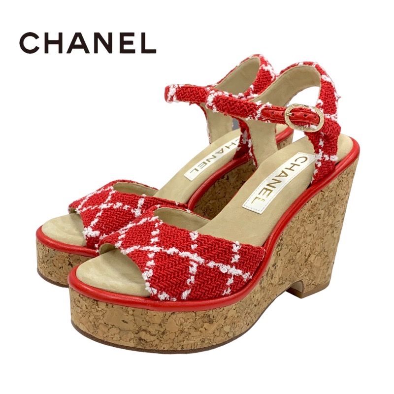 Chanel Sandals Shoes Tweed Cork Red White Unused Here Mark