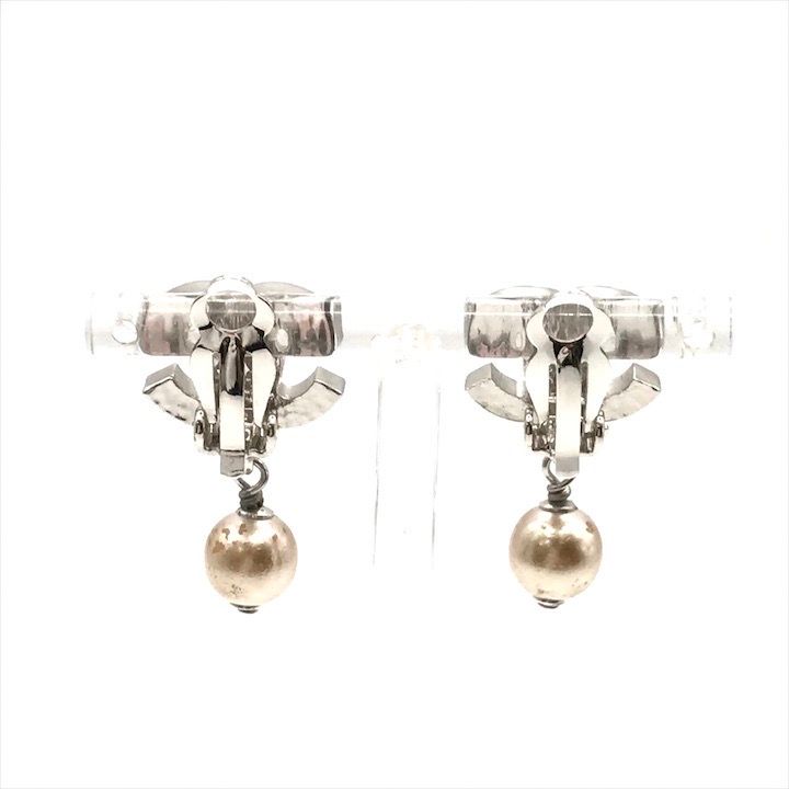 Chanel CC Logo Faux Pearl Swing Earrings Silver