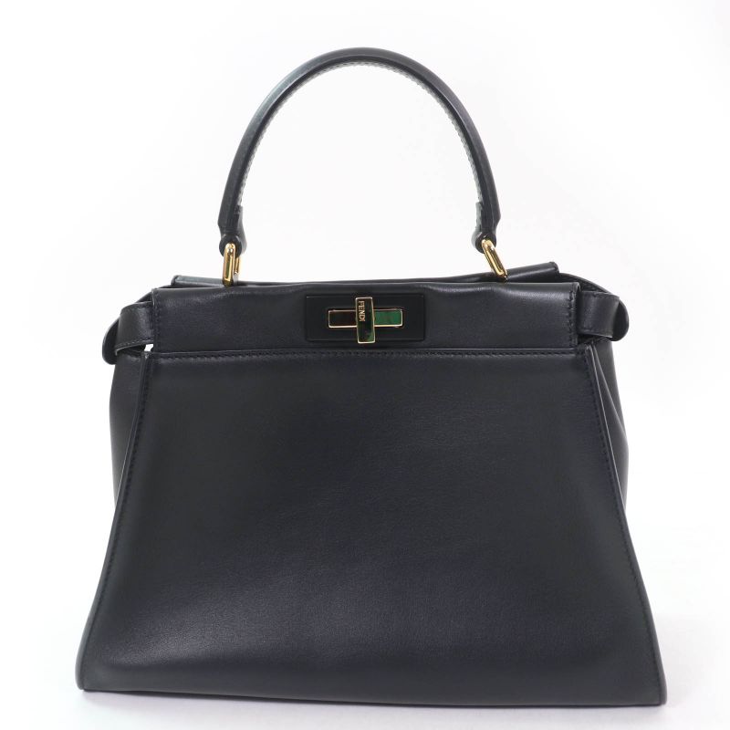 Fendi 8bn290 Peekaboo Regular Nappaleather 2WAY Shoulder Handbag Black Gold