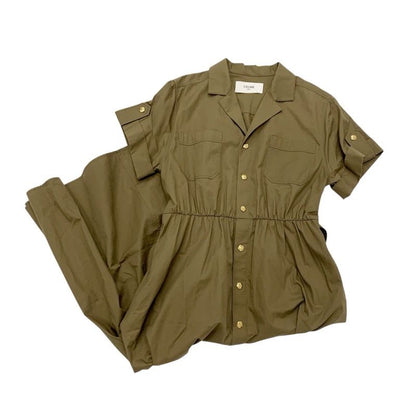 Celine Dress Cotton Khaki Gold Safari Logo Short Sleeve